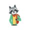 Cute fashion racoon guy character with backpack, hipster animal flat vector illustration