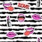 Cute fashion seamless pattern with patch badges. Mouth, lips, smile, lipstick, language.