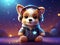 A cute and fashionable baby dog, wearing headphone in dynamic pose, with cosmic and twinkling stars at background, cartoon