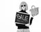 Cute fashionable woman or pretty girl in pink wig and fashion glasses holding black board with sale inscription and