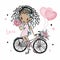 Cute fashionista dark-skinned teen girl with pigtails with a Bicycle and balloons hearts. Valentine card. Vector.