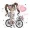 Cute fashionista dark-skinned teenage girl with a cat, a Bicycle and balloons with hearts. Valentine card. Vector.