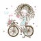 Cute fashionista teen girl with pigtails with bike. My life. Vector.