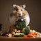 Cute fat hamster next to a mountain of vegetables and other useful products, healthy lifestyle concept,