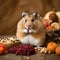 Cute fat hamster next to a mountain of vegetables and other useful products, healthy lifestyle concept, funny illustration