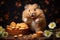 Cute Fat Hamster with Surprised Expression Looks Adorable Eating Delicious Dry Cake on the Table