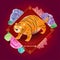 Cute fat tiger on the chinese new year banner chinese translate is happy new year year of tiger back of banner is  floral