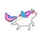 Cute fat unicorn happy walking. Magic cartoon animal. Rainbow horn, pink hair. Dream symbol.