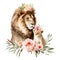 Cute father lion and baby with pink flowers watercolor Illustration isolated on white. Generative AI