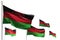 Cute feast flag 3d illustration - five flags of Malawi are wave isolated on white - image with soft focus