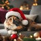 cute feline relaxed cat lying on a gray sofa in a Santa\\\'s hat with blurred Christmas decor