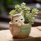 Cute Felinecore Figurine In A Lush Green Flowerpot