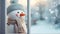 Cute felt toy snowman in a knitted hat and scarf standing next to window
