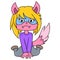 Cute female cat monster sitting, doodle icon image kawaii