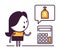 Cute female character with calculator and money bag in speech bubble. Controlling own costs