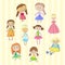 Cute female dolls set, lovely toys for little girls cartoon vector Illustrations