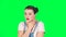 Cute female feels bad, her stomach hurts, feeling nausea on green screen at studio, slow motion