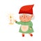 Cute Female Gnome Character in Apron and Red Pointed Hat Carrying Lighting Candle Vector Illustration