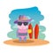 cute female hippo with summer hat and pineapple cocktail on the beach