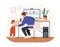 Cute female kid and cat distracting father from work vector flat illustration. Modern man working remotely from home use