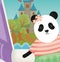 Cute female panda with dress book castle trees fantasy fairy tale