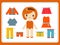 Cute female paper doll with the variety of bright colorful clothes vector illustration.