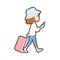 Cute female walking with baggage, cartoon character vector.