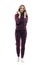 Cute feminine young woman in burgundy hooded sweatshirt and plush sweatpants smiling