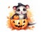 cute ferret costume with a pumpkin candy bucket.