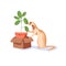 Cute ferret sniffing houseplant in box. Funny weasel with potted house plant. Adorable animal botanist. Flat cartoon