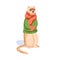 Cute ferret wearing warm clothes. Funny weasel standing in scarf, sweater and mittens in cold weather. Northern mink