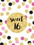 Cute festive bright sweet sixteen card with golden glitter confetti