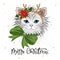 Cute festive cat with the inscription Merry Christmas.