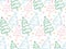 Cute festive Christmas pattern seamless, colorful pine tree outline doodle, isolated on green background