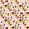 Cute festive pattern with elements for the New Year and Christmas sweets, multi-colored packaging, candies, a glass, a candle, a C