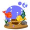 Cute fish on the seabed. The fish boy opens the lid of the chest to surprise the girl with treasures