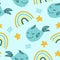 Cute fish whale seamless pattern with rainbow, stars, waves. hand drawn. illustration for childrens wallpaper, wrapping paper,