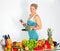 Cute fitness woman. organic vegetables and fruits. Balanced diet.- Image