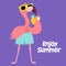 Cute flamingo with sunglasses and cocktail. Vector illustration, design element for cards and banners, print design for childrens