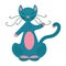 Cute flat blue cat waving its paw. Cheerful, childish, vector illustration. Design of packaging, clothing, postcards