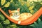 A cute flat character of a sleepy kitten lies in a hammock wearing sunglasses.Generative AI illustration.