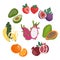 Cute flat illustration set of the whole and sliced fresh fruits.