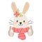Cute, flat minimalistic hare. Muzzle of a boho rabbit girl. Funny character raises a finger up. Icon, sticker for kids