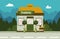 Cute flat trattoria building facade on rural forest and mountains background