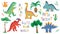 Cute flat vector dinosaur set, letterings, plants, flowers, twigs, alphabet stylized as dinosaurs. Funny cartoon