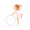 Cute Flexible Little Ballerina Doing Exercise with Hoop, Girl Gymnast Character Training Vector Illustration