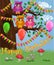 A cute flirtatious owl sits on a tree decorated with garlands, balloons, a postcard, a cartoon children's style