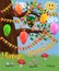A cute flirtatious owl sits on a tree decorated with garlands, balloons, a postcard, a cartoon children\\\'s style, spring.