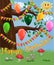 A cute flirtatious owl sits on a tree decorated with garlands, balloons, a postcard, a cartoon children\\\'s style, spring.