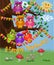 A cute flirtatious owl sits on a tree decorated with garlands, balloons, a postcard, a cartoon children's style, spring